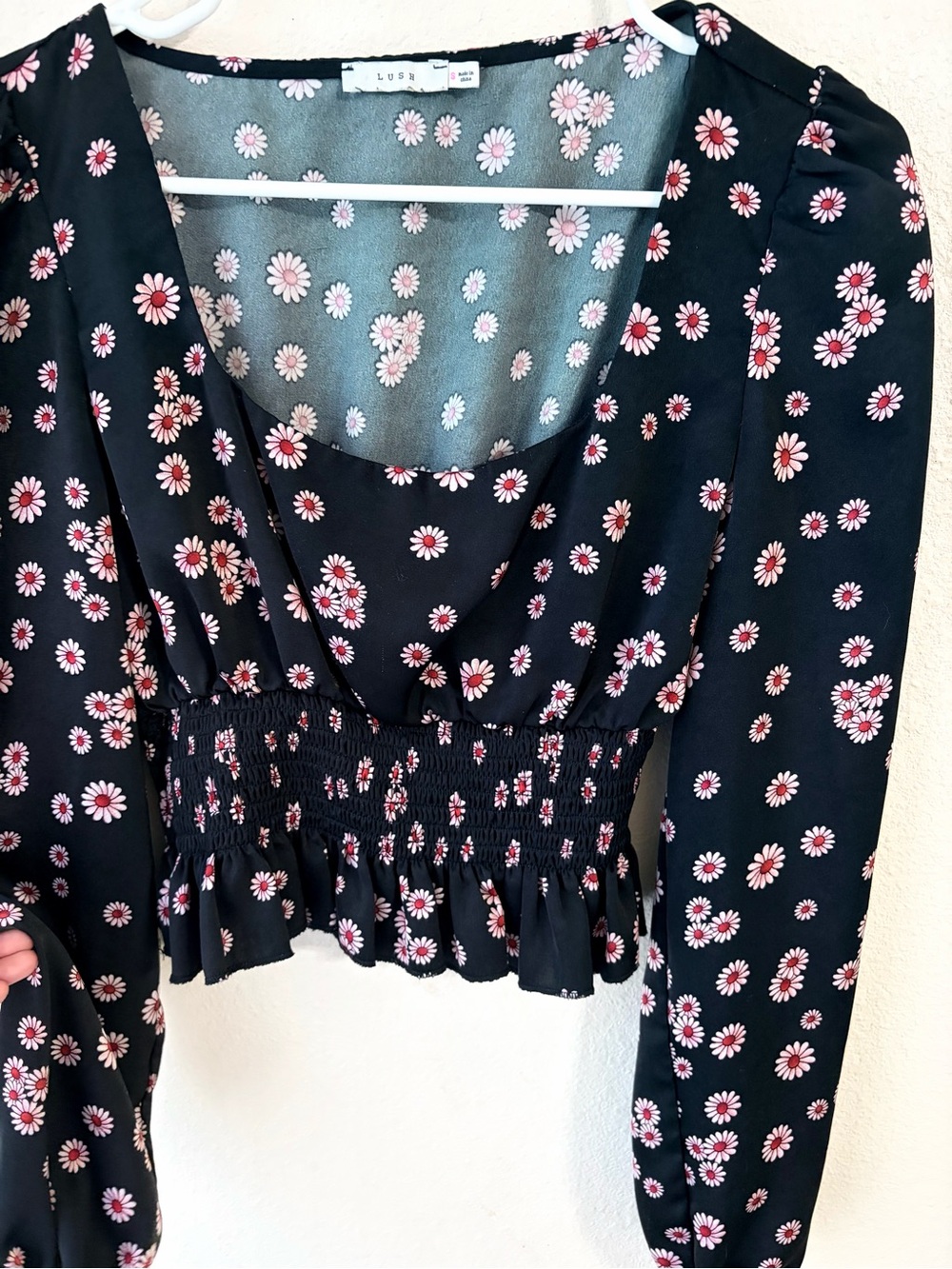Black Floral Smocked Crop Top with Pink Daisy Print